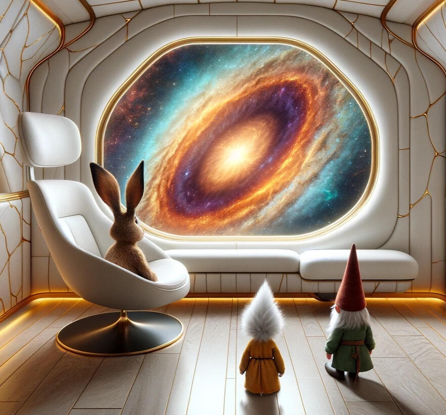 Essential fae looking out spaceship window to galaxy