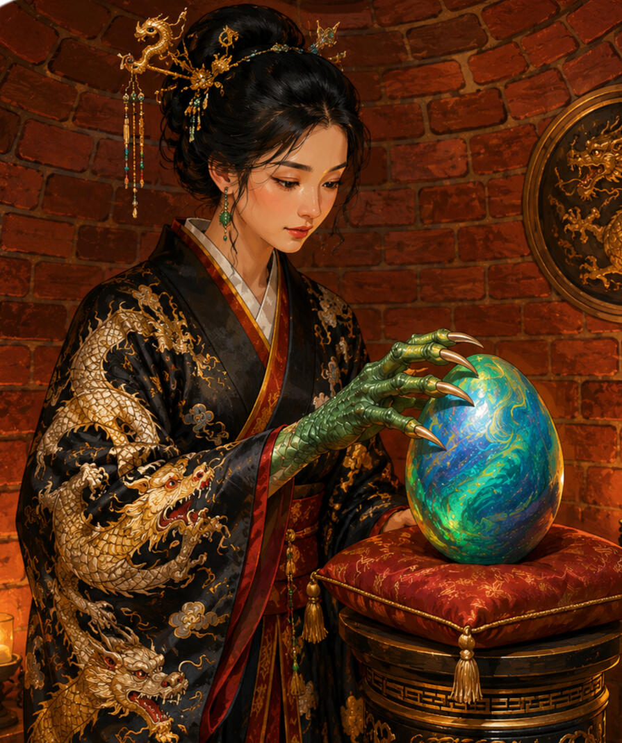 Human-form Kiyohime touching a dragon egg with her dragon claw.