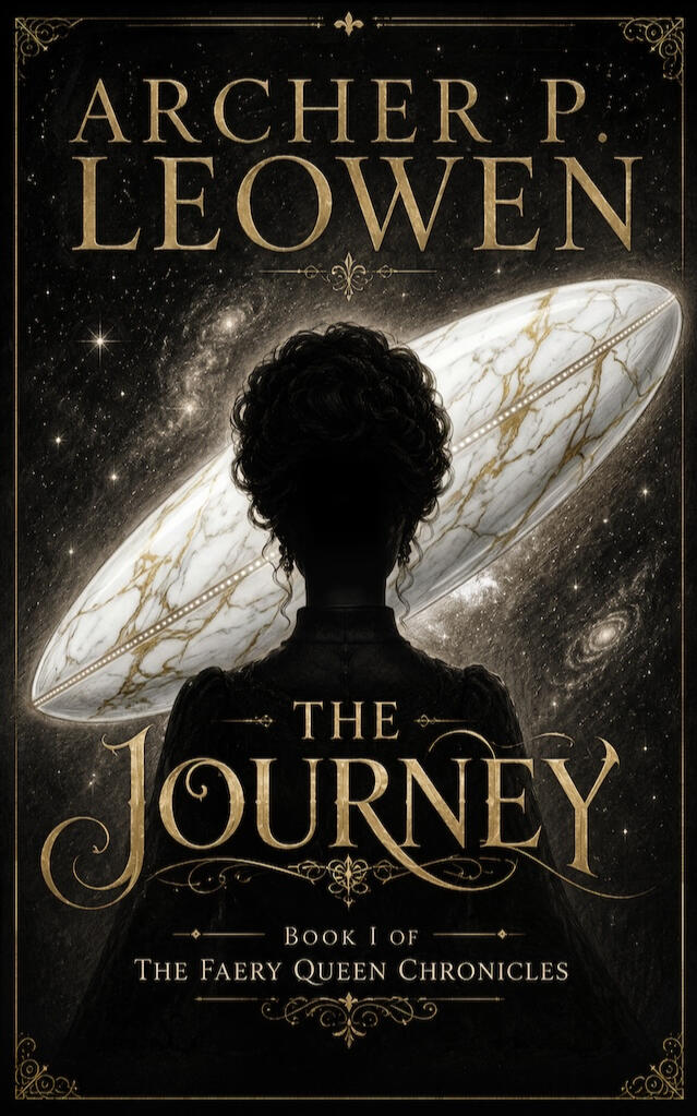 Book Cover Faery Queen looking at ship named Journey in space